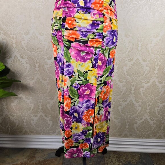 Endless Blu Luxe Size Small Ruched Floral Midi Dress Off the Shoulder Sleeve NWT - Picture 3 of 16